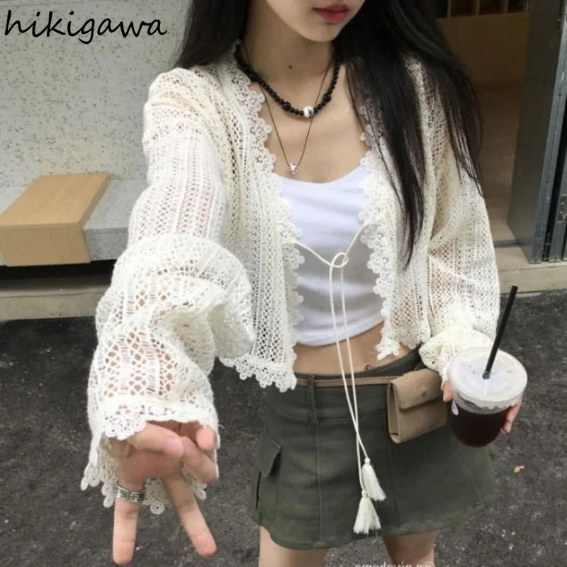 Cardigan Coat Women\'s Clothing Fashion Summer Bandage Tassel Y2k Tops Hollow Out Knitted Thin Cropped Sweater 2024 Ropa Mujer