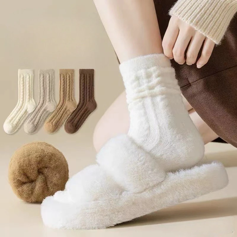 

Women's Mid-Calf Fleece-Lined Socks Thick Warm Floor Socks for Fall and Winter Japanese-Style Puffy Socks for Girls Women