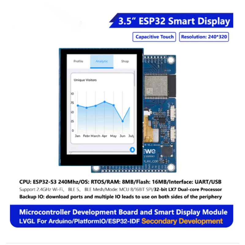 

ESP32 S3 Display 3.5 inch Development Board Dual Core Arduino 240*320 HMI 16M Flash LVGL WIFI Bles LCD TFT Module Touch