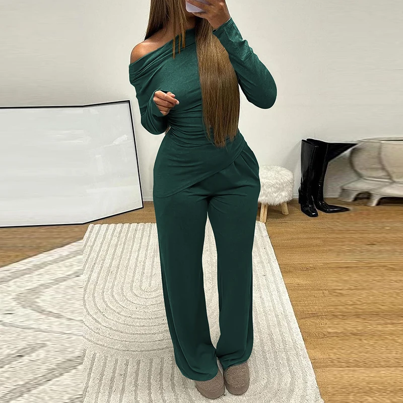 Nowe eleganckie topy z długim rękawem i szerokie nogawki Garnitur All Match Solid Color Tracksuit Women Casual Skew Collar Skinny Two Piece Outfit