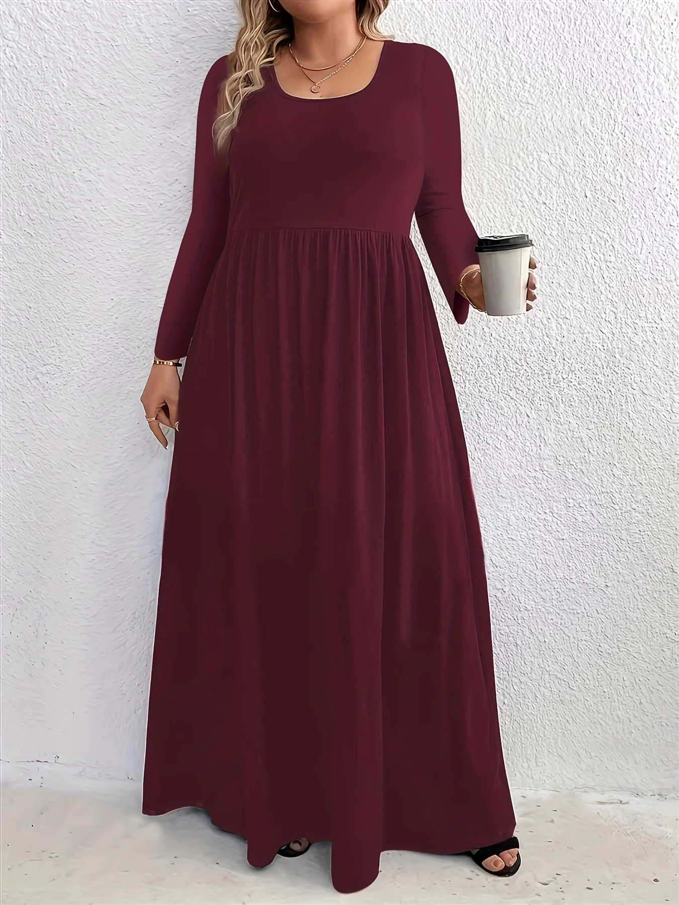 2024 AliExpress Europe and the United States Plus Size Fall and Winter Fashion Casual Solid Color Crew Neck Long Sleeve Dress