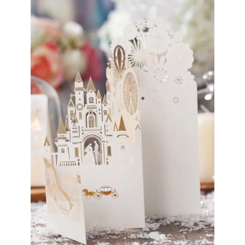 Hollow Out Cartões para Recém-casados, Desejos De Casamento Criativos, Presentes De Casamento, Hot Stamping, Castelo De Felicidade