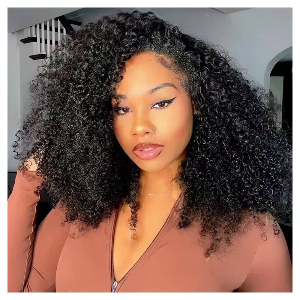 16 pouces 3 en 1 demi perruque avec cordon sans couture perruques de cheveux humains crépus bouclés bandeau perruque mise à niveau pour les femmes été Machine perruques