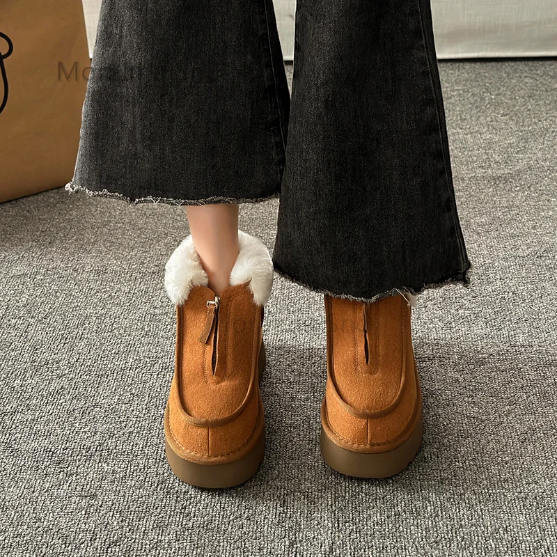 Fur Warm Snow Boots for Women Thick Sole Front Zipper Ankle Boots Women's Plush Winter Boots Turned Over Edge Cotton Shoes