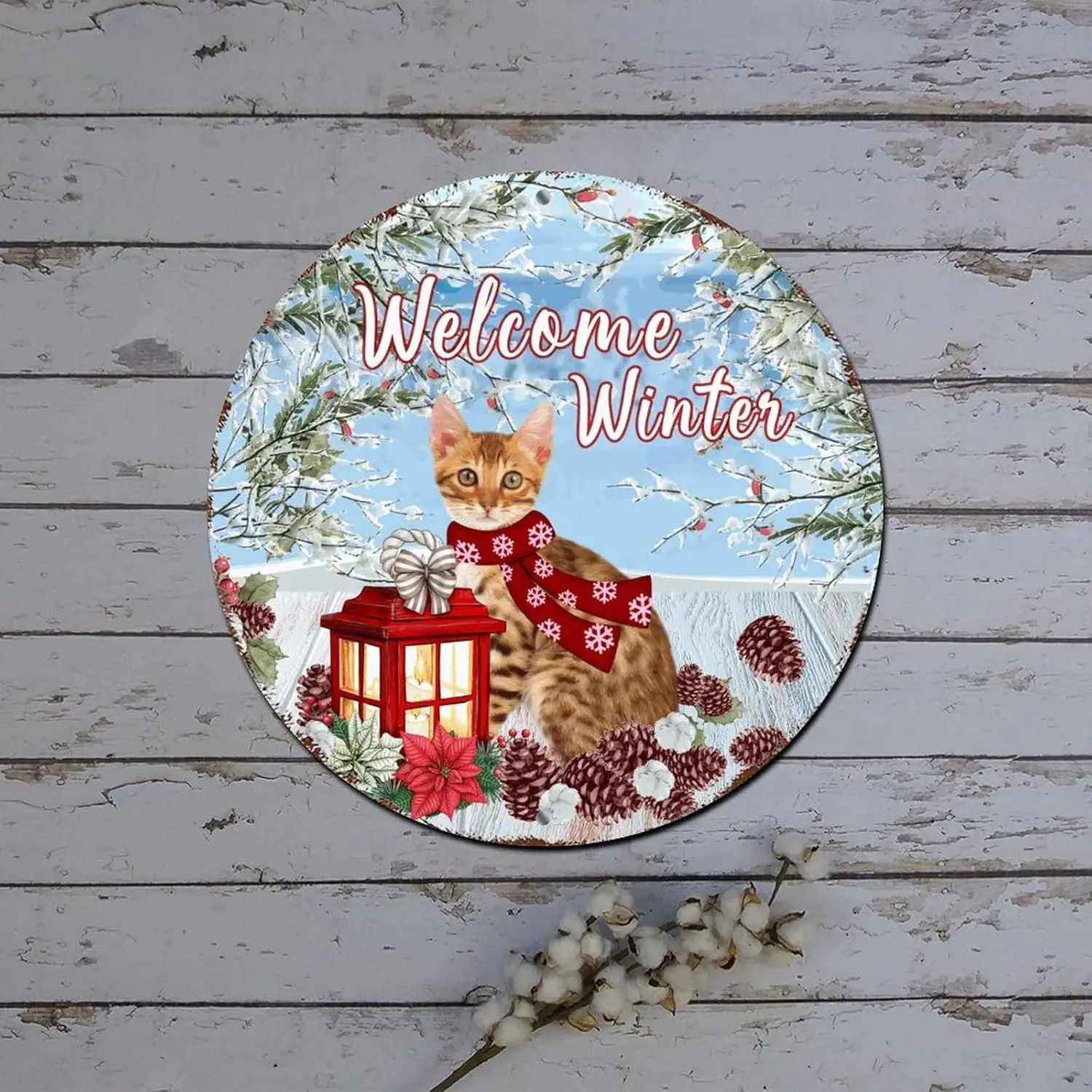 Christmas Wreath Signs Welcome Winter Cat Santa Hat Poinsettia Round Metal Tin Sign Christmas Door Decor Vintage Aluminum Sign f