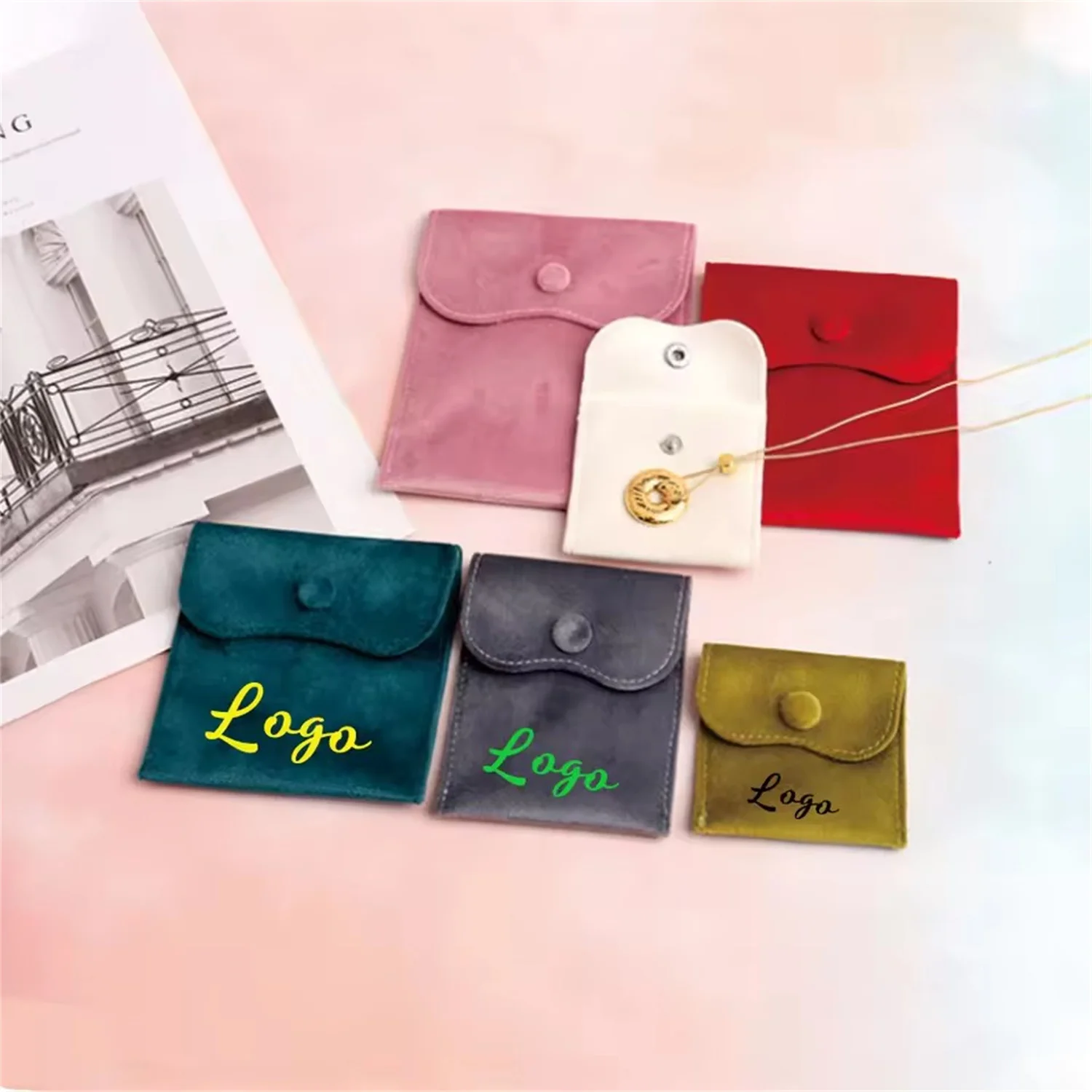 Personalization Jewelry Beige Snap Bag Soft Velvet Button 10x10 Pouch Jewellery Packaging Wedding Ring Earring Necklace Gift Bag