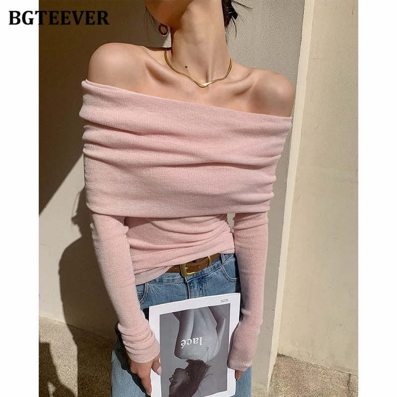 BGTEEVER Elegant Slash Neck Ladies Pullovers Sweaters Autumn Winter Slim Full Sleeve Women Knitted Jumpers Female Knitwear