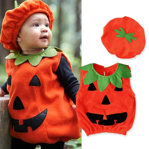 Baby Costume Kids Pumpkin Tops Romper with Hat Boys Girls Cosplay One-Piece Infant Casual Onesie Halloween Jumpsuit 0-5 Years