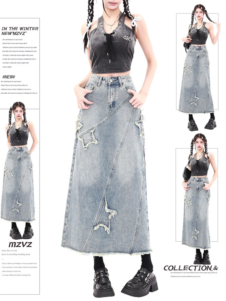 WCFCX STUDIO Women Frayed Denim Long Skirt American Retro Slim Fit A-line Skirt Korean Style Casual High Waist Jean Skirt