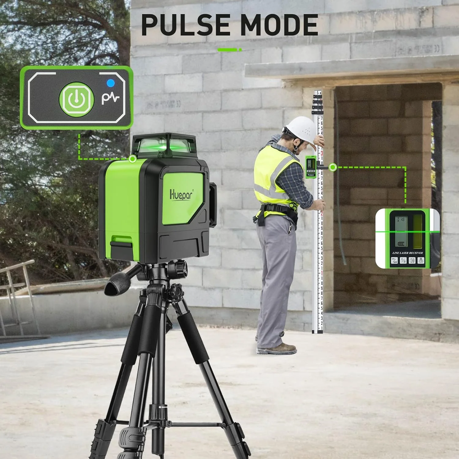 Huepar 902CG Self-Leveling 360° Cross Line Laser Level with Pulse Mode Switchable Horizontal and Vertical Green Beam Laser Tool