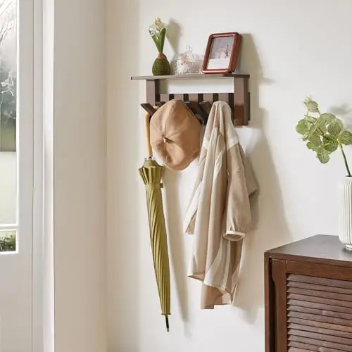 

Walnut-Style Wall-Mounted Entryway Organizer With Shelf And Twelve Slide-Out Hooks For Coats Hats Keys Towels And Bags