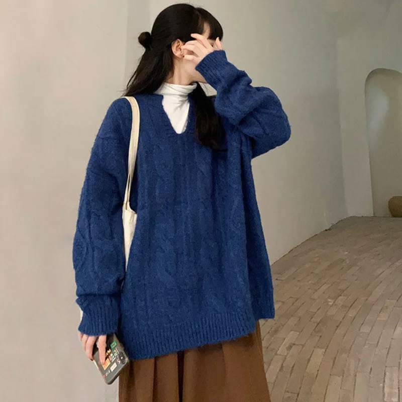 

Pullovers Women Sweaters Solid Knitted V-neck 4 Colors Long Sleeve All-match Baggy Daily Soft Korean Style S-3XL New Design Ins
