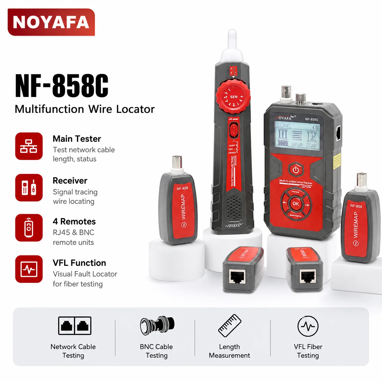 Noyafa NF-858C 케이블 테스터 휴대용 와이어 트래커, RJ11, RJ45, BNC 라인 로케이터, 길이 측정 케이블 네트워크 테스트 파인더