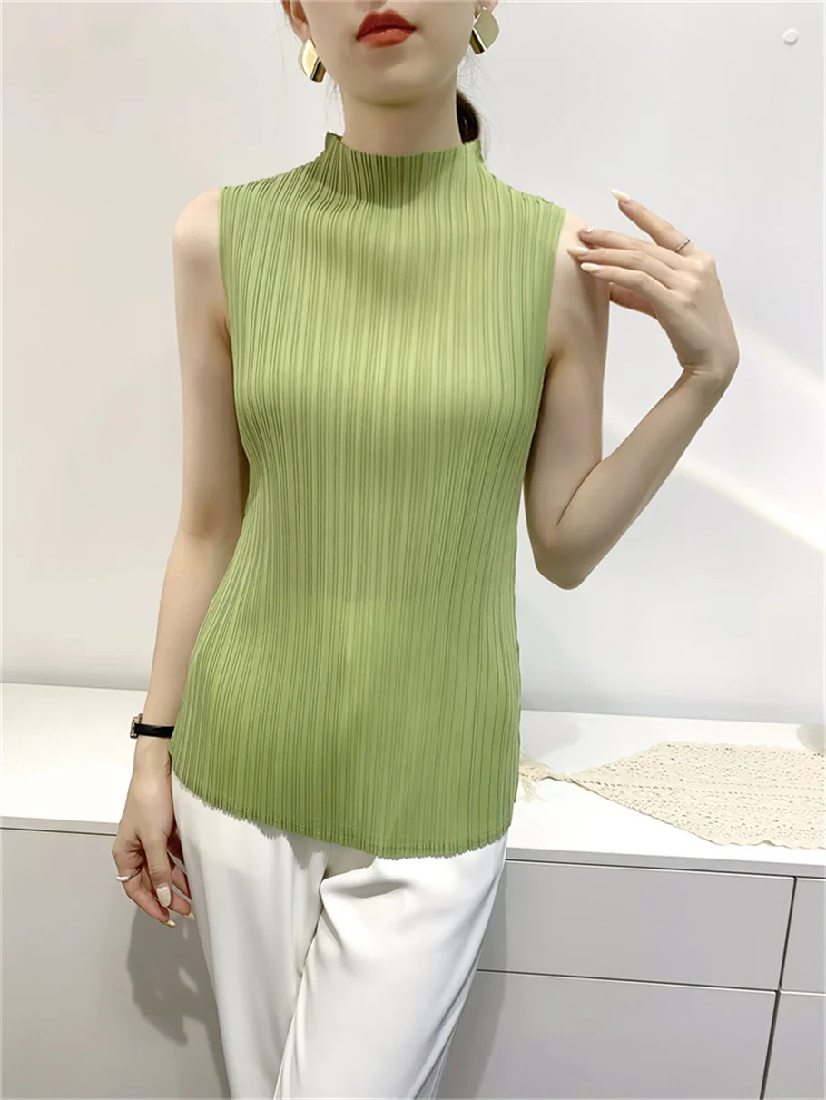 Miyake Summer Outwear Vest Slim High Stretch Pleated Top Half High Neck Sleeveless Comfortable Casual