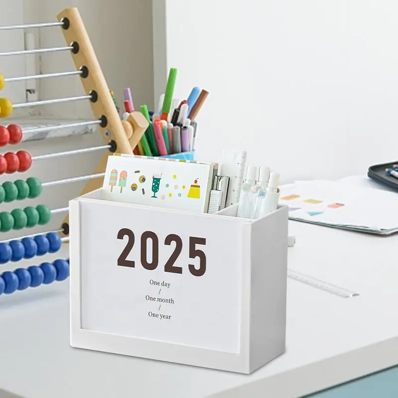 Potloodhouder met kalender Potloodpot 2025 Kalenderorganisator Desktop Organizer Make-upborstelstandaard voor thuis Woonkamer Café