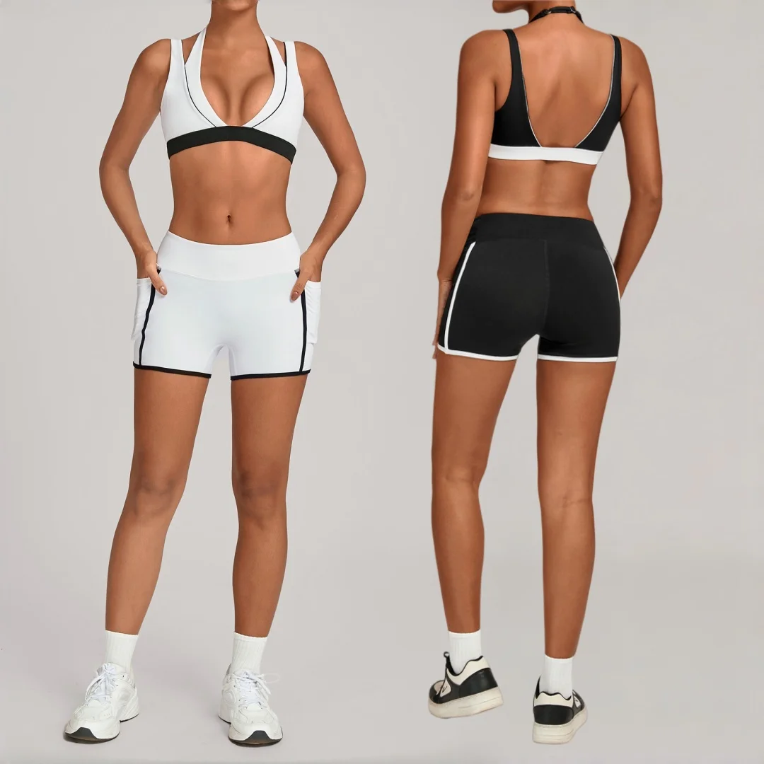 

Women's Sports High-Waist Peach Hip Yoga Set Color-Block Tight Backless Pocket Sportswear Outdoor Running Gym Yoga 2pc Suit