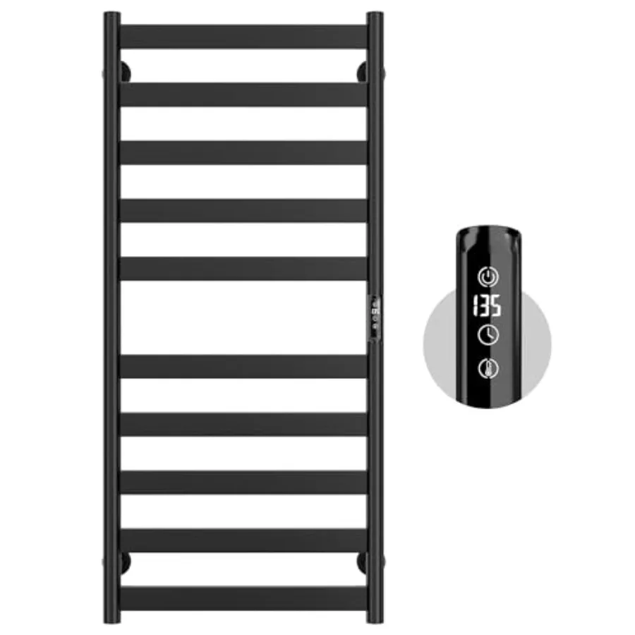 

Electric towel warmer rack for bathroom use, stainless steel material, black color, 10-bar heated tower with built-in timer and