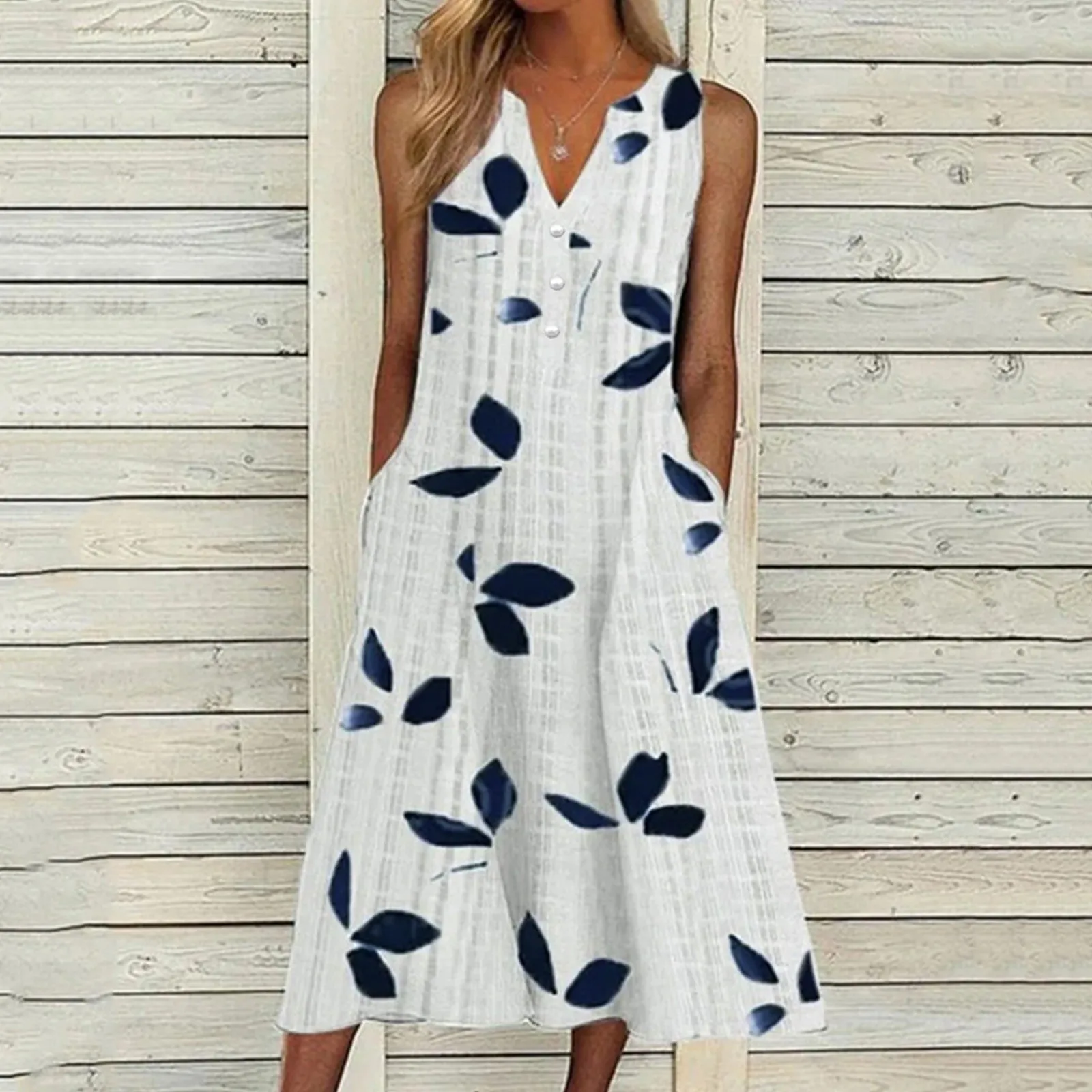 

Women Fashion Casual Long Dress Summer Loose Leaves Print Button V Neck Sleeveless Dress With Pocket Holiday Beach Vintage Dress