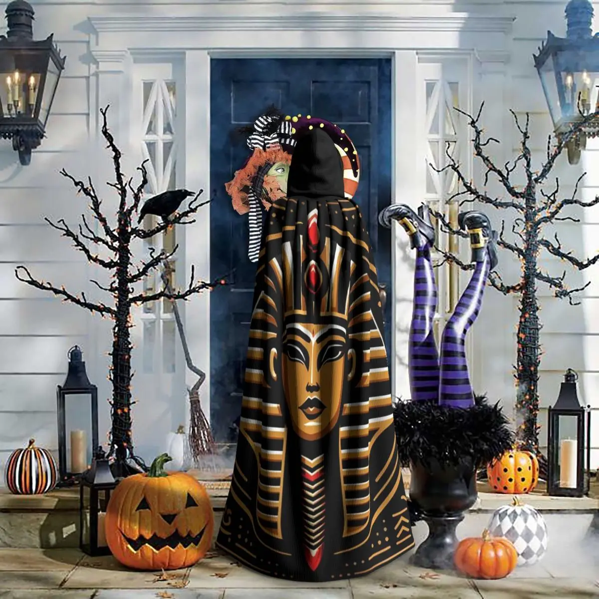 Faraón egipcio con ilustración de corona dorada, 5 capas largas con capucha, disfraz Medieval de bruja, capa de Cosplay, abrigo de Halloween Unisex