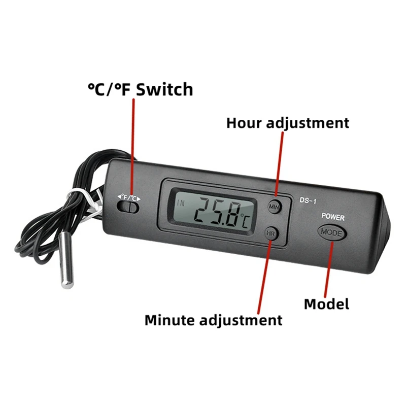 -1 Car Thermometer LCD Display C/F Clock Temperature Sensor Controller Indoor Outdoor Thermostat with Probe-DTD2