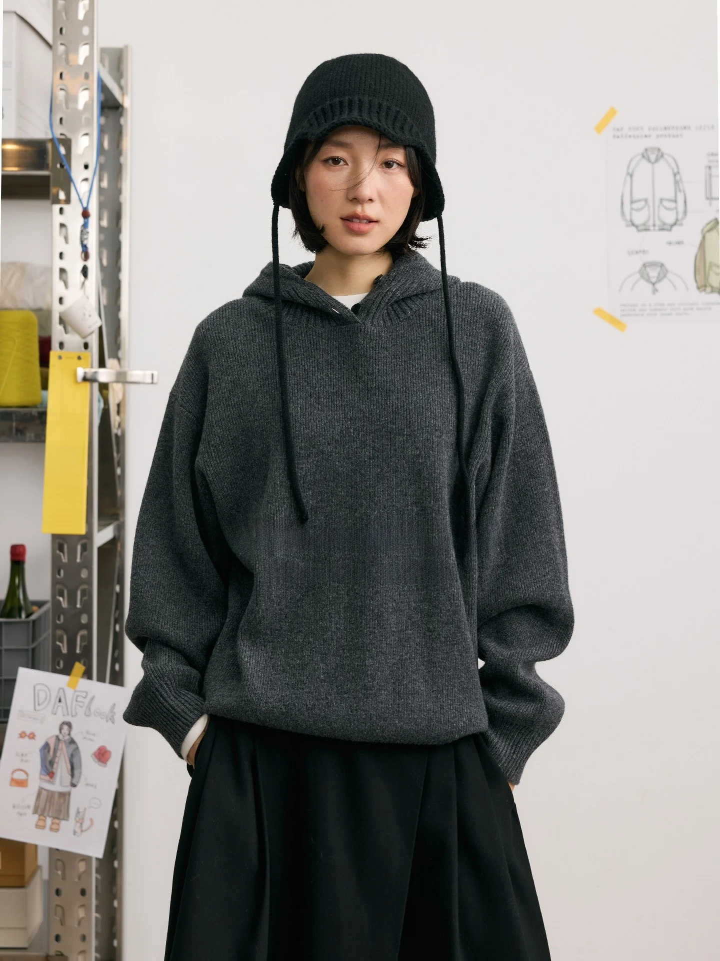 

Comfortable Knitted Hat Sweatirt with Button Deep e ey Loose Fit Soft Acrylic Blend Long Sve Warm Casual ex