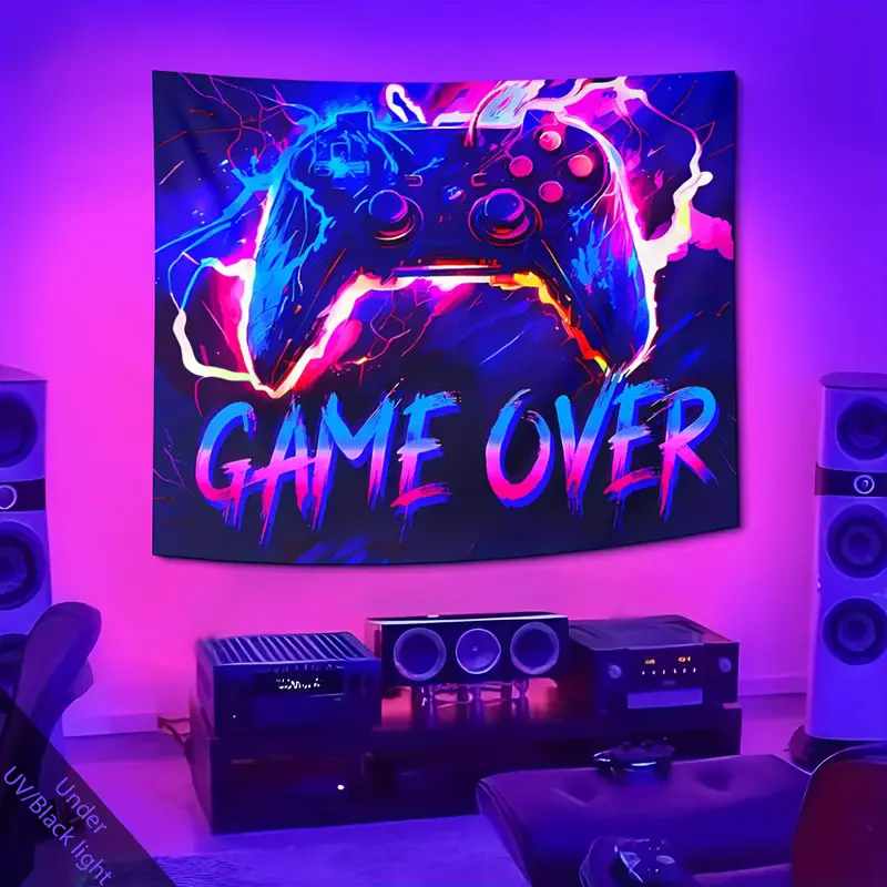 UV Reactive Gaming Room Tapestry Black Light Gamepad Tapestry Home Decor Wall Hanging Fluorescent Game Over Art Tapestry