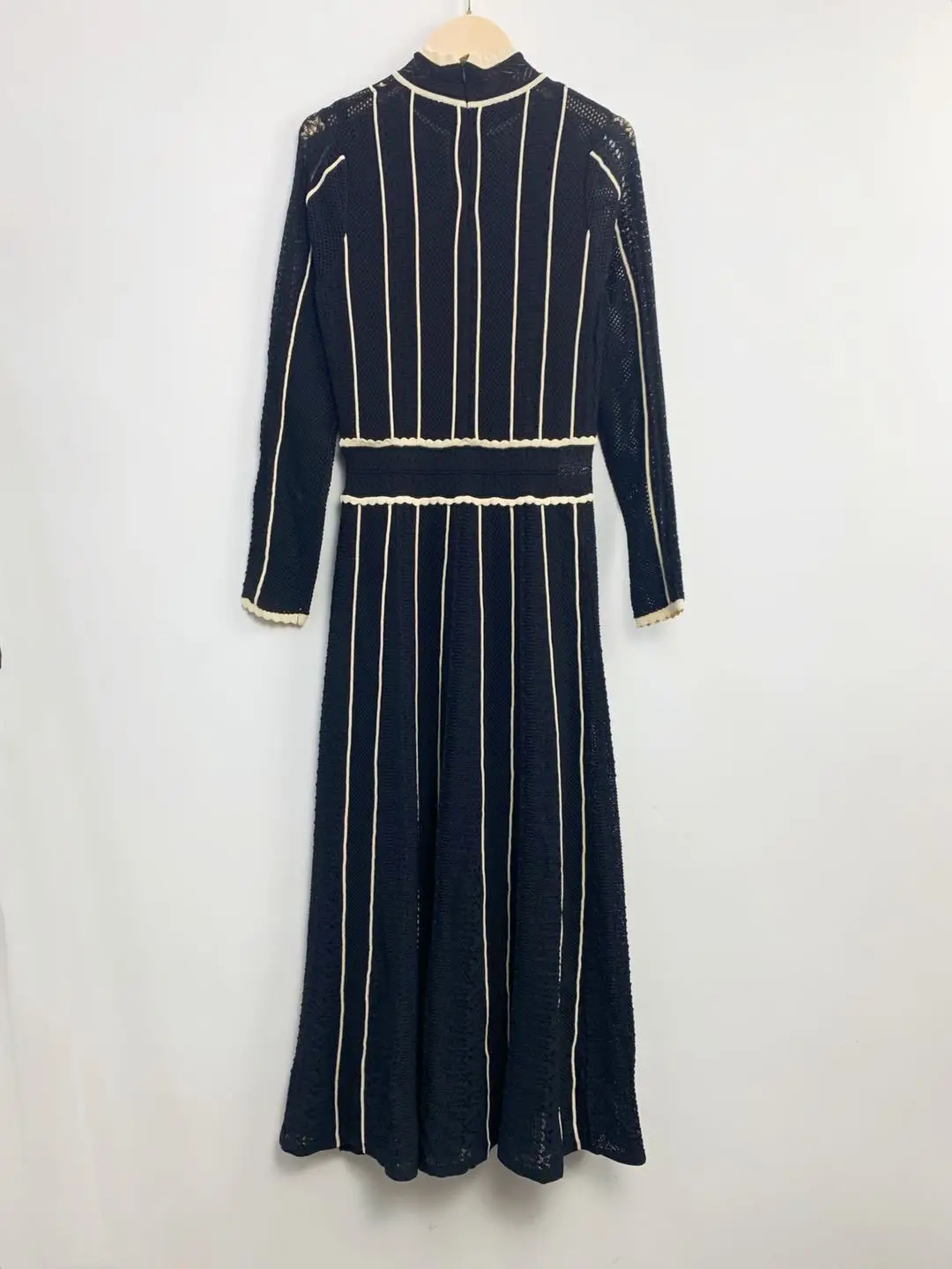 Women Two Pieces Set Dress Striped Hollow Out Half High Collar Long Sleeve Elastic Waist Vintage Midi Robe