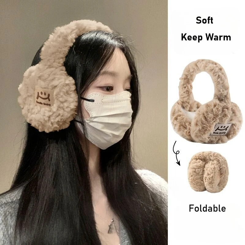 

Зимние женские мягкие теплые наушники с рисунком смайлика холодного ветра, бархатные наушники из миланской норки для девочек, универсальные плюшевые наушники, складные