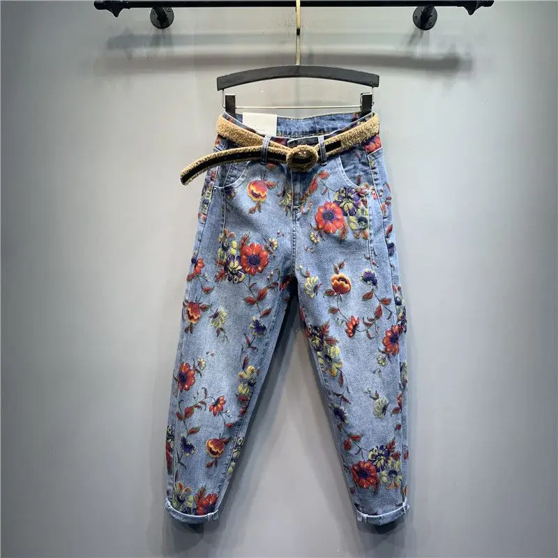Spring Autumn European Ethnic Style Oversized Printed Jeans Retro Loose Ankle-Tied Harem Trousers Fashionable Denim Pants XJ488