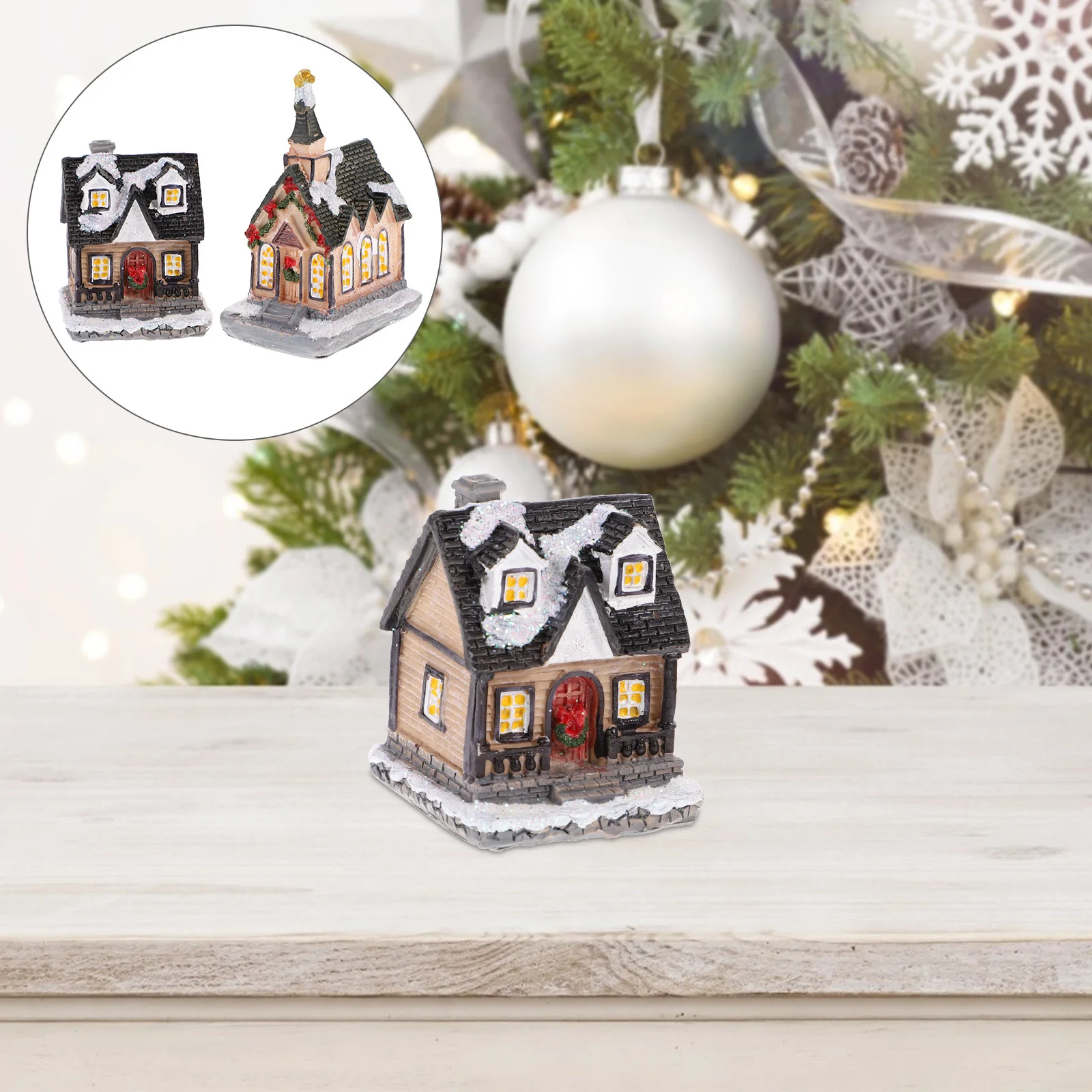 

2Pcs Resin Mini House Ornament Fine Carving Luminous Design for Xmas Party Supplies Home Decor Festive Mood Desktop Decoration