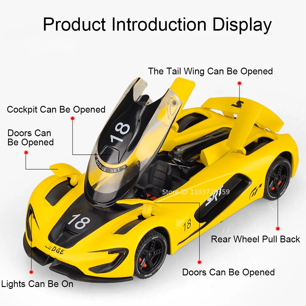 1:32 Viper Tomahawk Speelgoed Supercar Modellen Metal Diecast Sound Light Deuren Geopend Pull Back Miniatuur Sportwagens voor Kinderen Geschenken