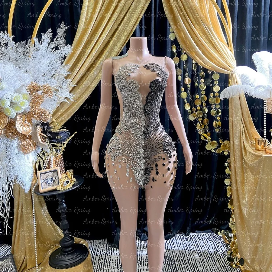 

Customized Black Sliver Rhinestone Homecoming Dresses Sexy Sheer Crystal Short Birthday Prom Dress Mini Special Occasions Gift