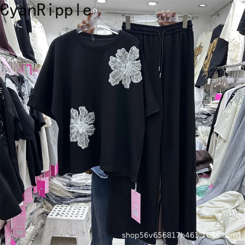 

Casual Women Two-piece Set Beads Sequins Embroidery Loose Short Sleeve T-shirt Top + Drawstring Elastic Waist Wide Leg Pants
