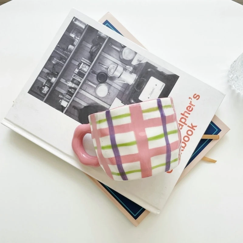 Ceramic Mug Espresso Coffee Cup Hand Drawing Underglaze Color Small Flower Rainbow Grid Ceramic Mug Breakfast Milk Tea Cups