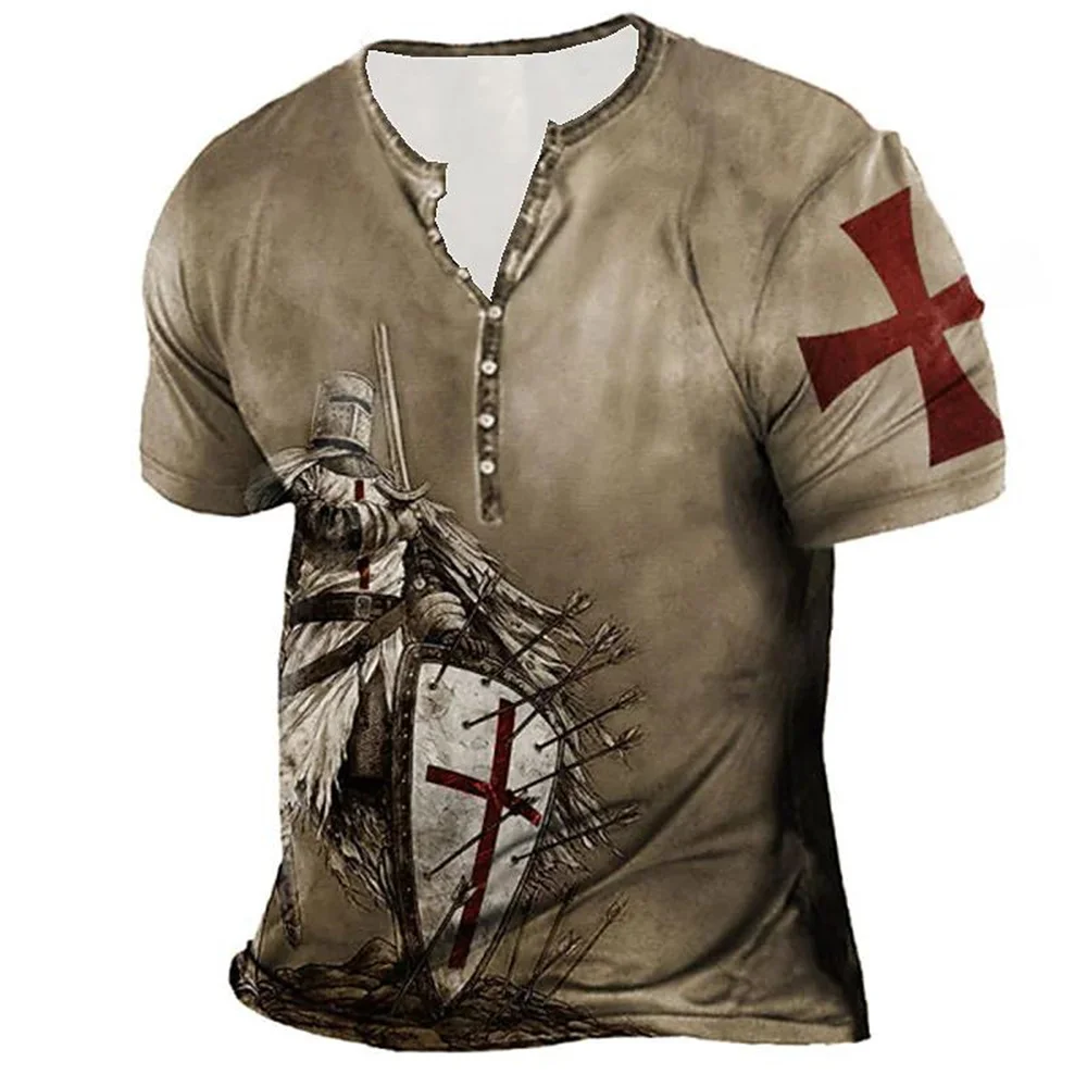 Vintage T-Shirt For Men 3D Knight Print Henley Shirt V-Neck Cotton Short Sleeve Oversized Tops Tee Shirt Men Clothing Streetwear