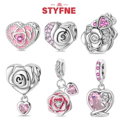 925 Sterling Silver Valentine's Day Pink Rose Charms Heart Beads Fit Original Bracelet Diy Anniversary Jewelry for Women