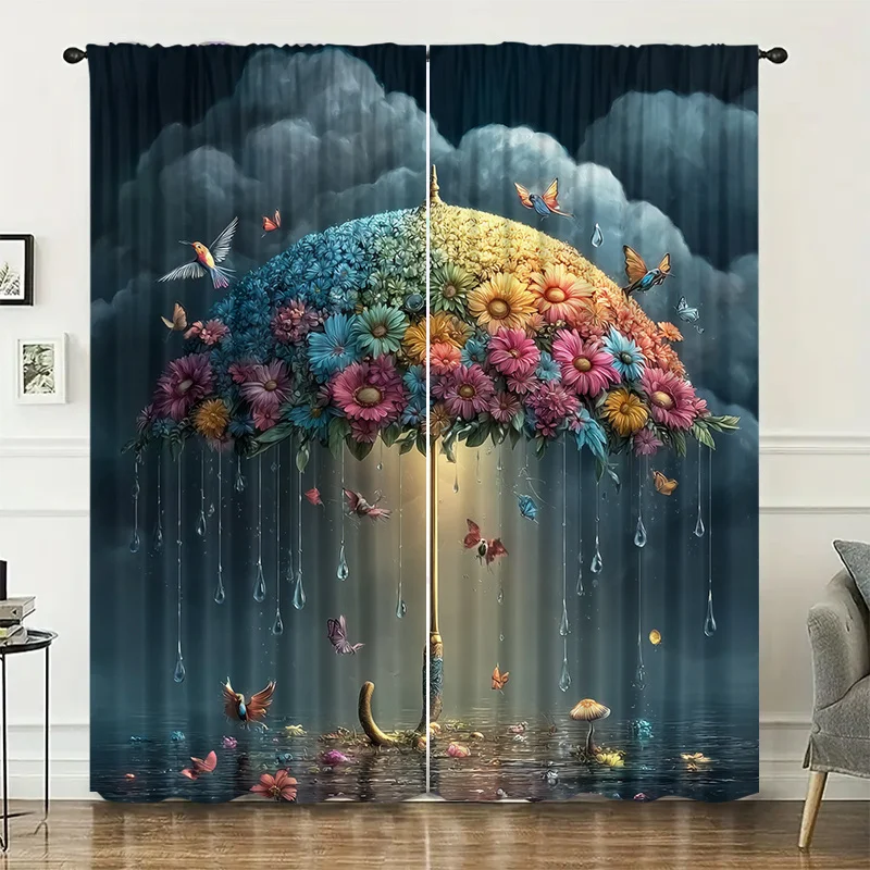 Whimsical Bohemian Floral Curtains Fantasy Garden Window Drapes Artistic Butterfly Surreal Nature Home Decor Panel