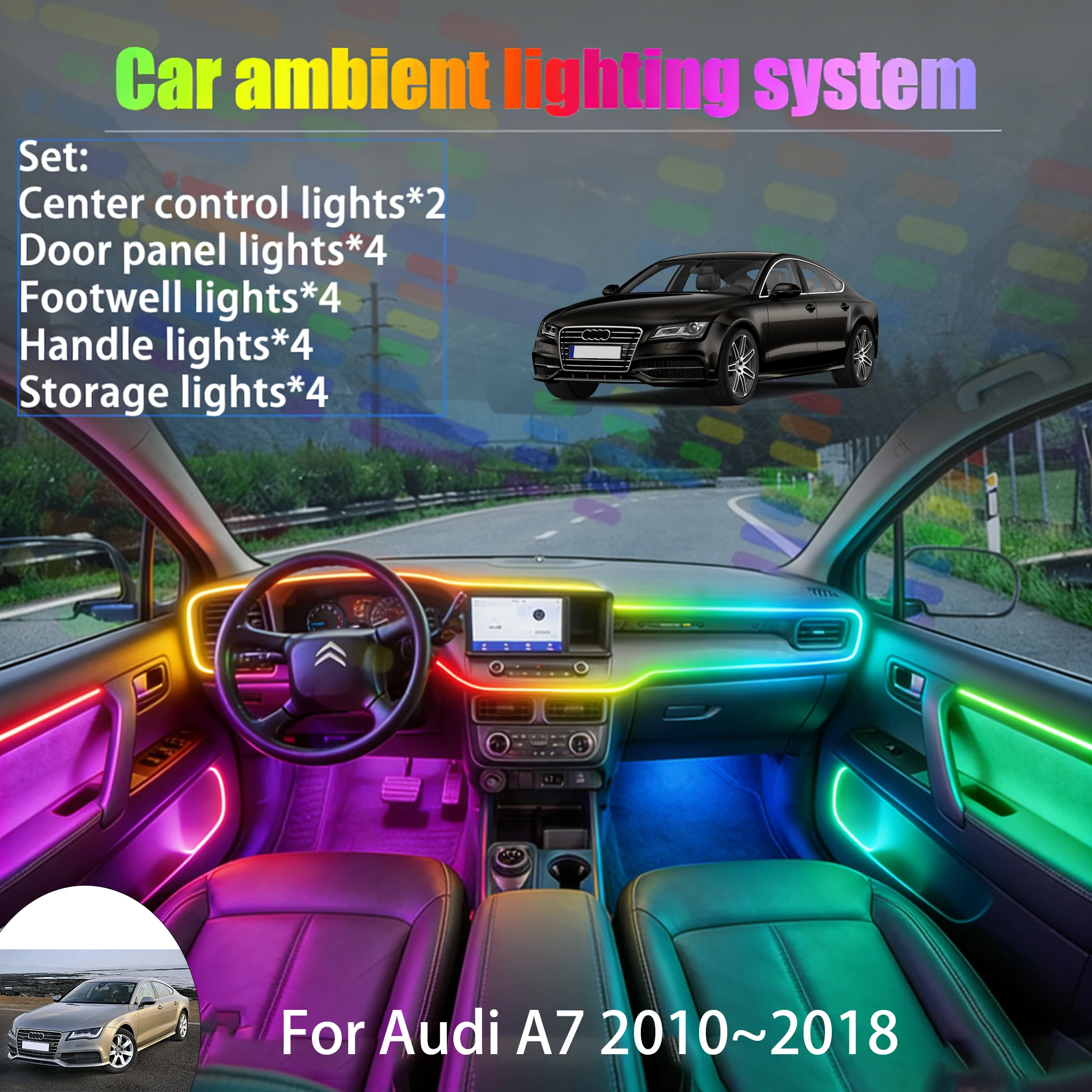 

For Audi A7 2010~2018 4G8 MK1 2/18 in 1 Car ambient lighting Led trunk interior led lights USB RGB Ensemble Streamer Auto Parts