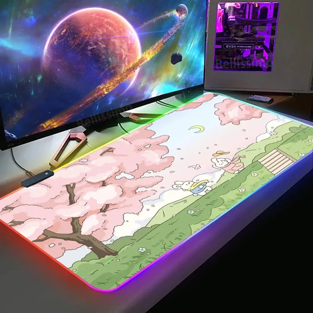 Large Size Gaming RGB Luminous MousePad XXL Green Plant Gamer Mouse Pad Size Office Long Desk Pad Kawaii Desk Teen Girls Bedroom