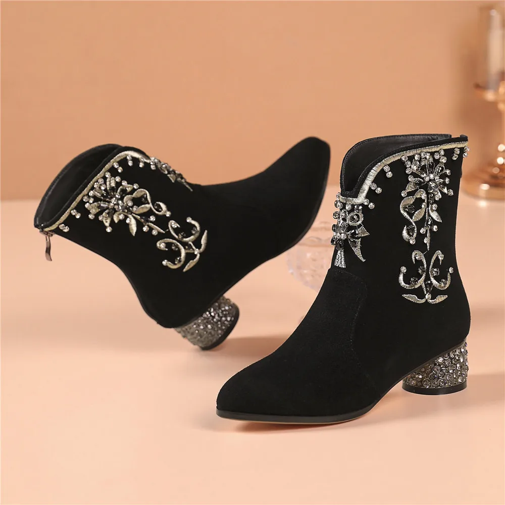 MILI-MIYA Fashion Ethnic Style Women Kid Suede Ankle Boots Crystal Zippers Round Heels Plus Size 34-43 Solid Color Handmade