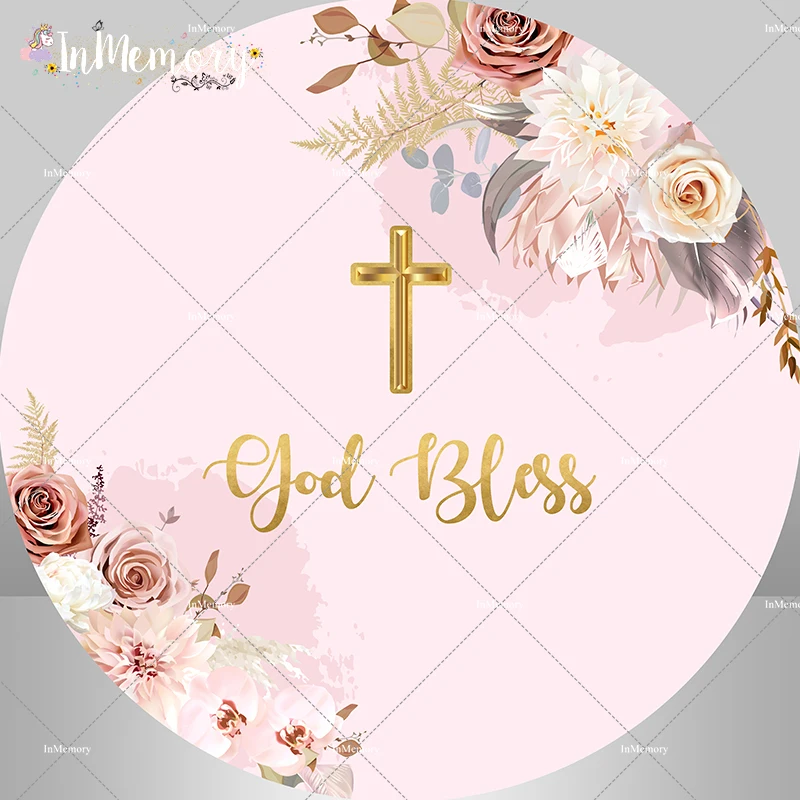 

Pink Flower Gold God Bless Round Backdrop Cover Baby Shower Baptism Photography Background Cake table Banner