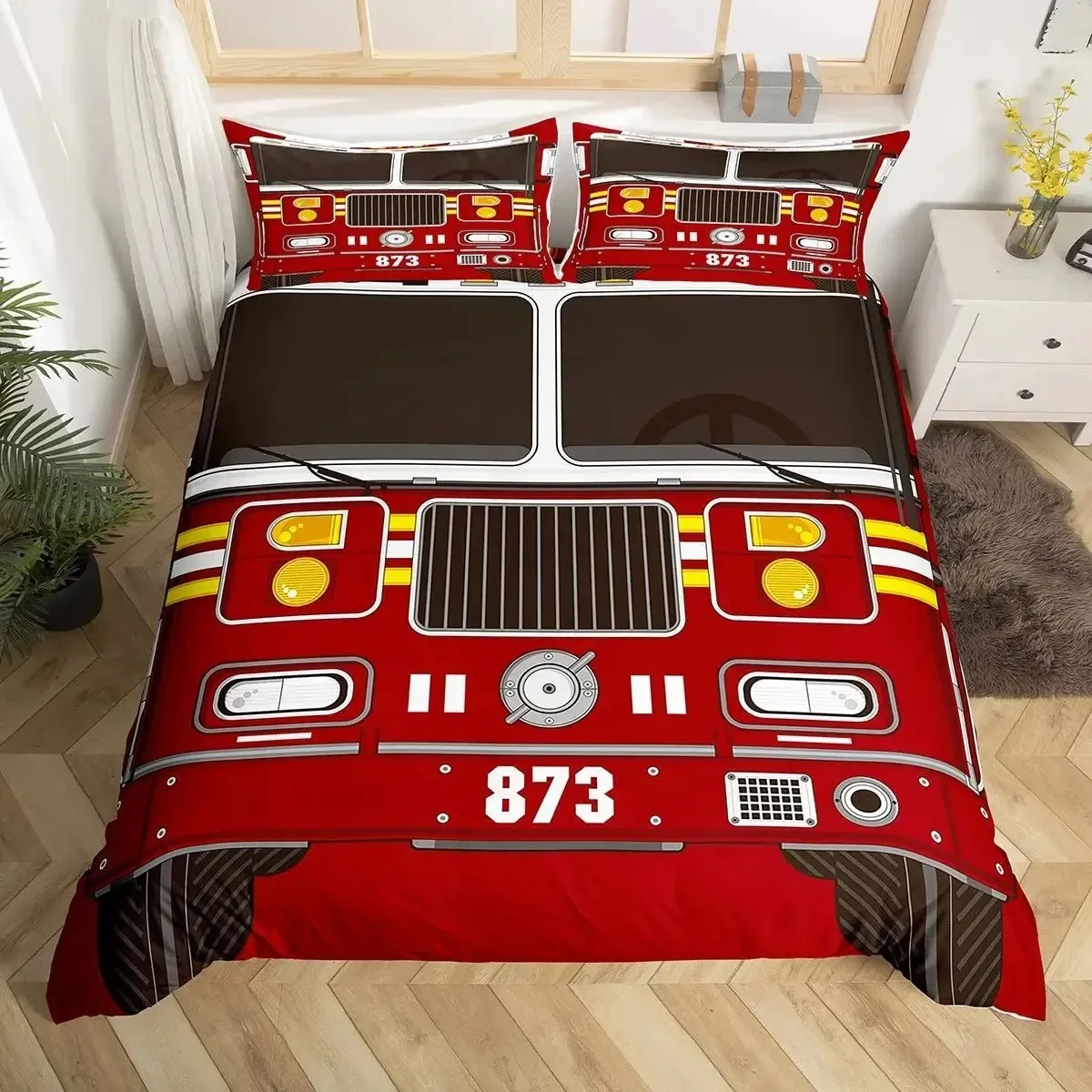 Firefighter Truck Red Firemen Car Bedding Set Boys Girls Twin Queen Size Duvet Cover Pillowcase Bed Kids Adult