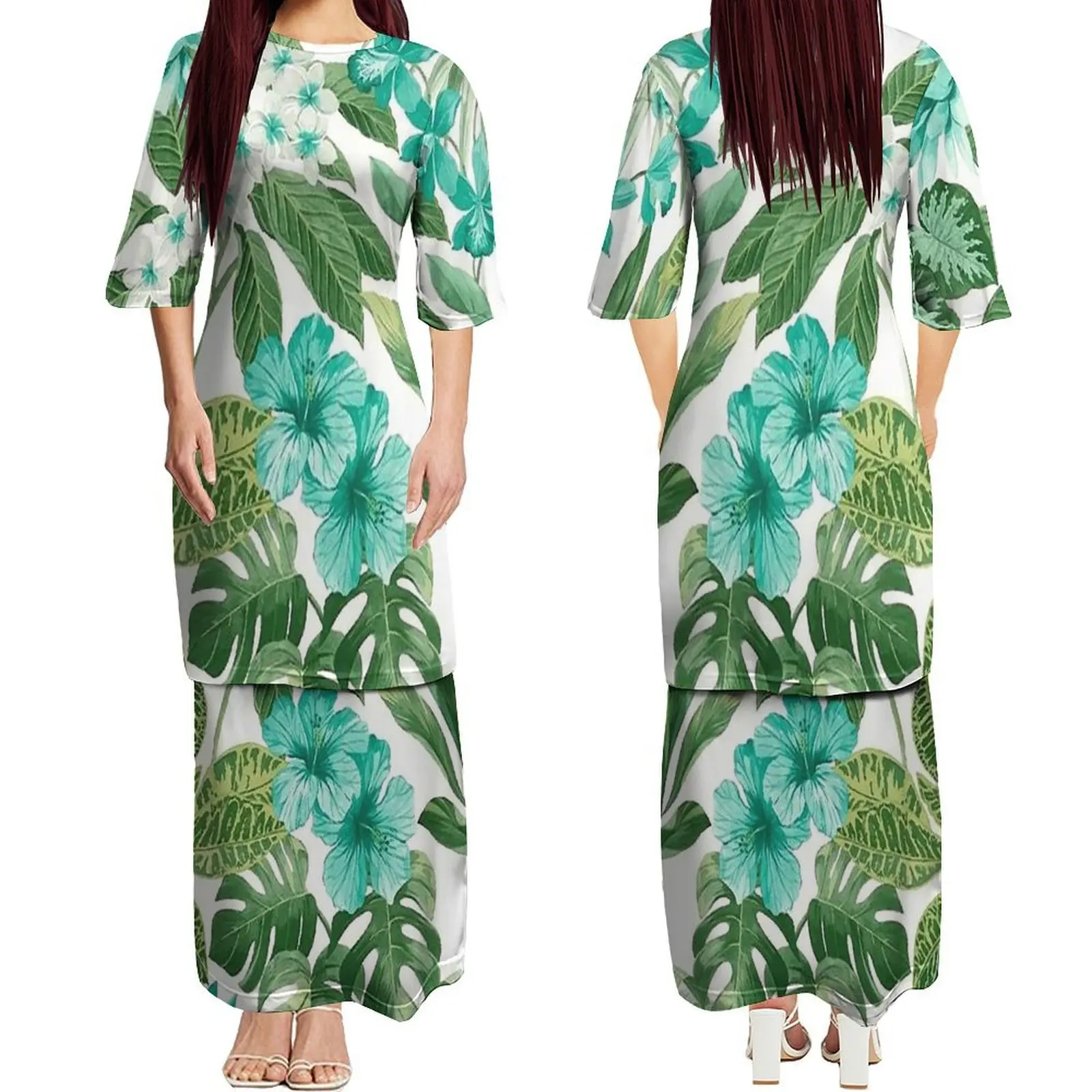 Vestido feminino polinésio, gola redonda, manga média, camada dupla, puletasi, padrão floral personalizado, verão, elegante, vestido emagrecedor