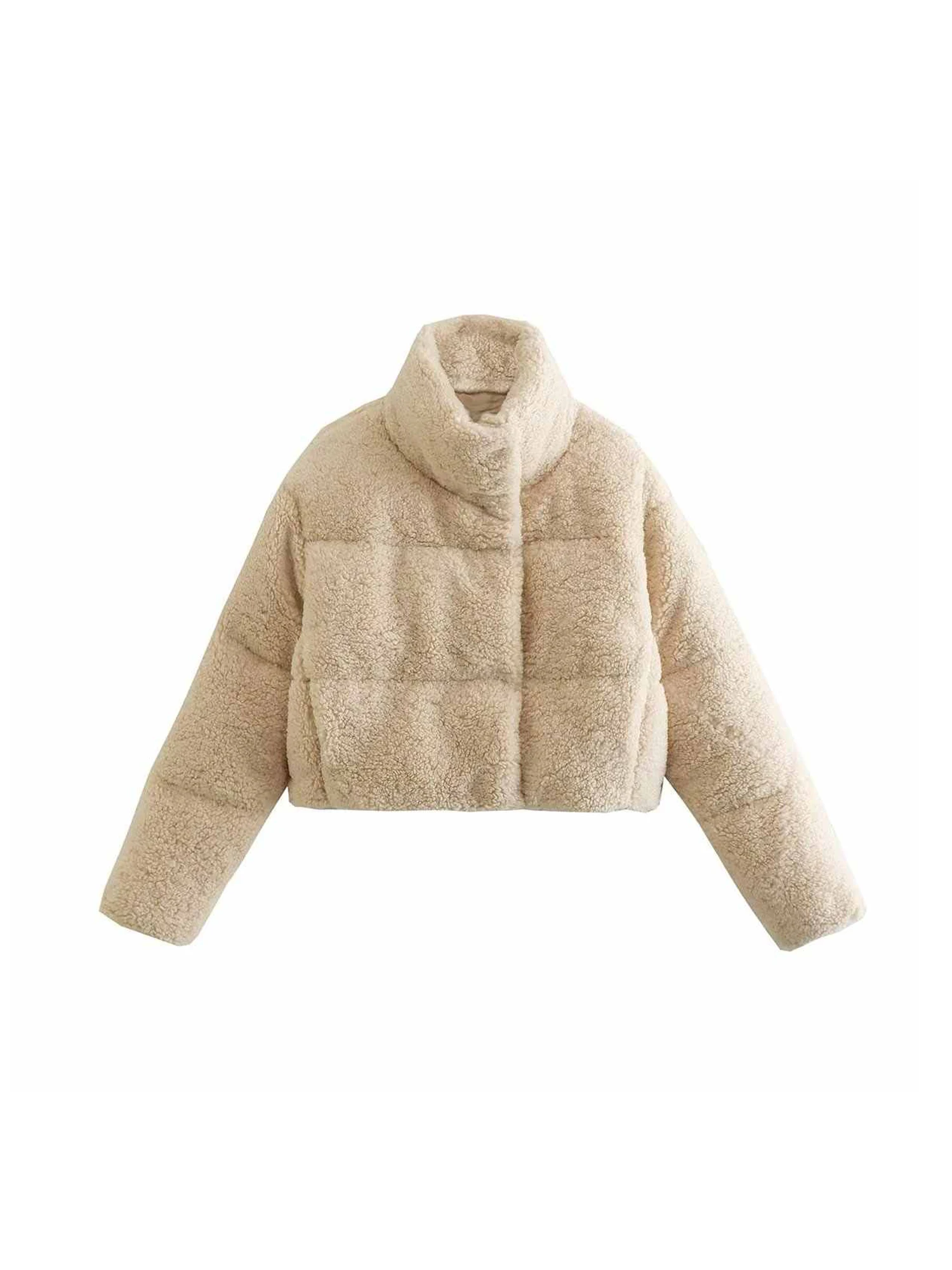 

Women Off White Cropped Padded Jacket Warm Thicken Parka Jacket Harajuku Vintage 2000s Winter Outerwear Turtleneck Teddy Coats
