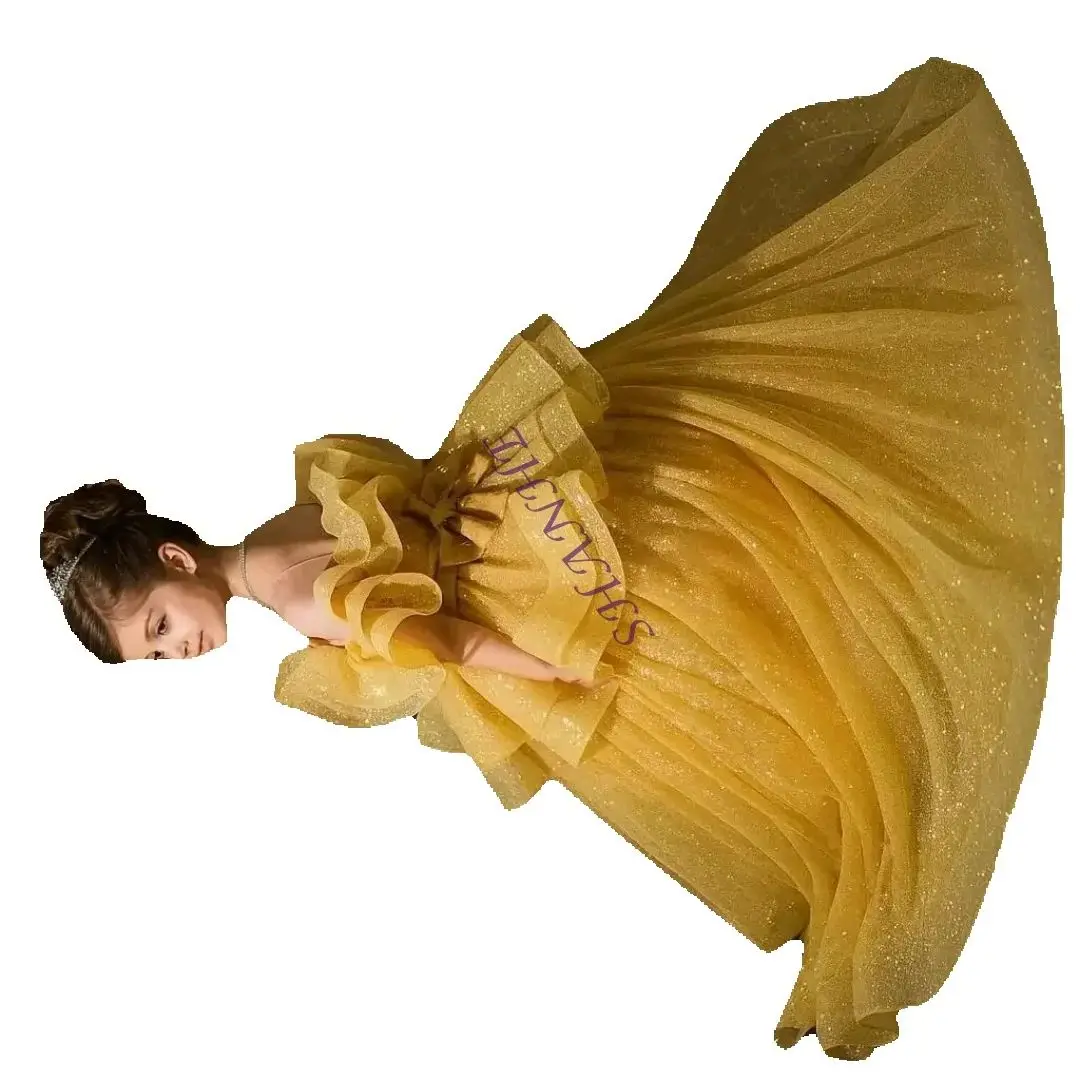 

Customized Gold Flower Girl Dress Glitter Ruffles Floor Length Bow Detail Classic Princess Wedding Dress for Formal Occasions