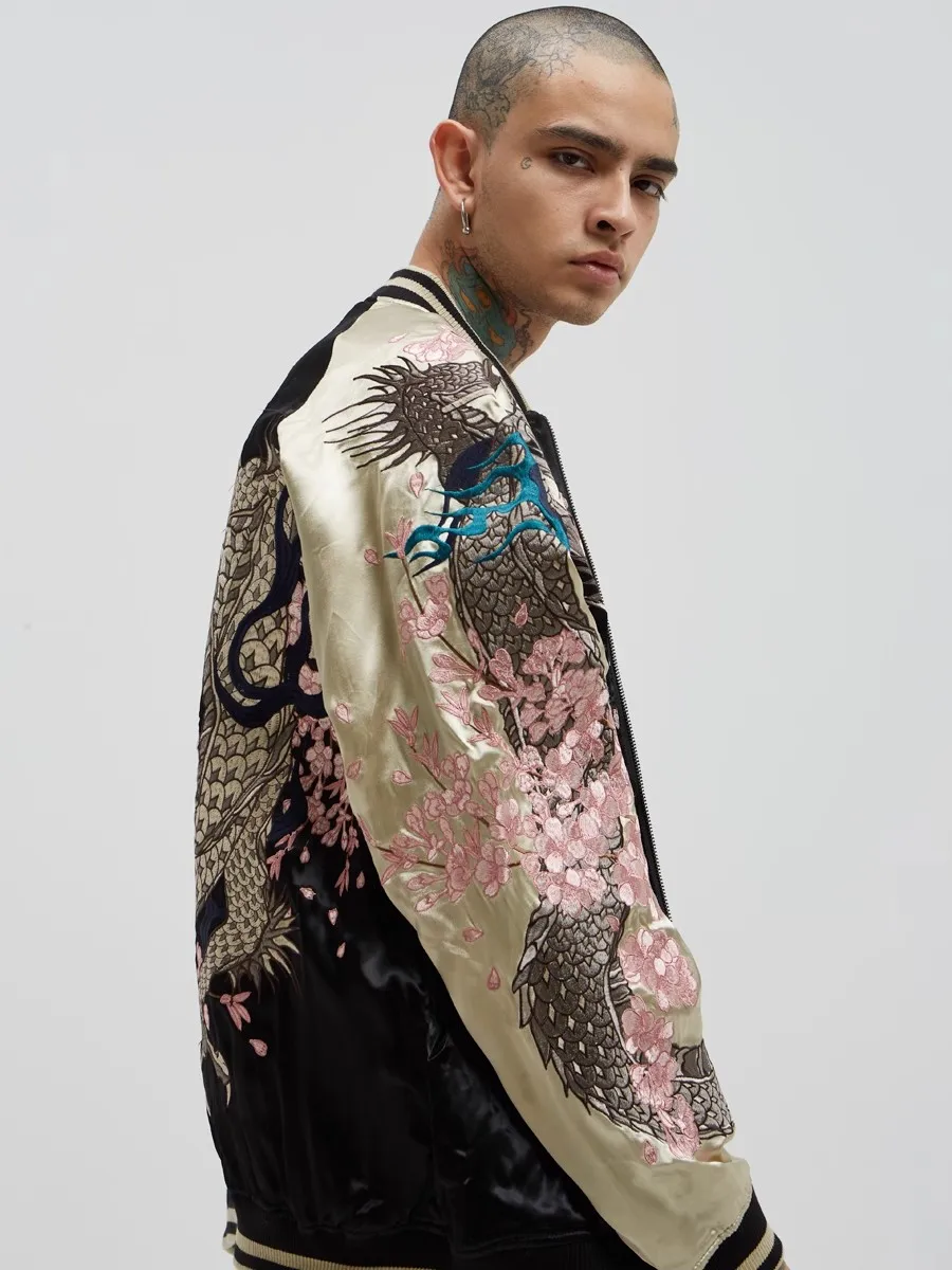 No Logo Reversible Double-sided Sukajan Souvenir Jacket Coats High Street Streetwear Yokosuka Sakura Dragon Embroidery
