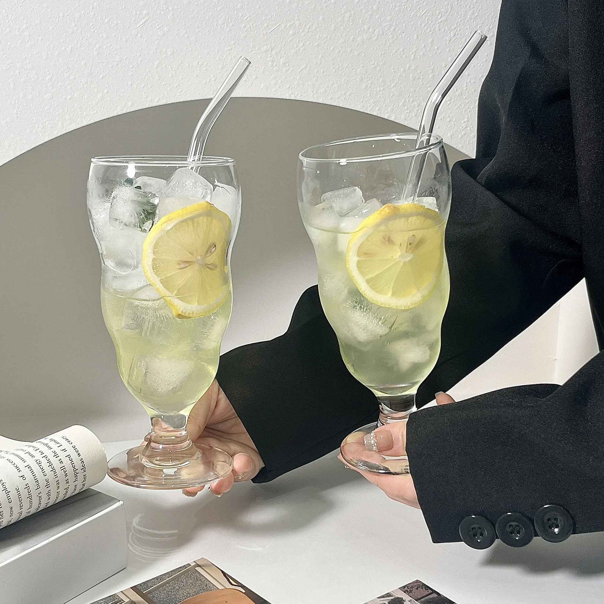 Irregular High Foot Glass Cup for Juice Cocktail Soda Cold Drink Transparent Single Layer Non-Insulated Non-Handmade Glass Cup