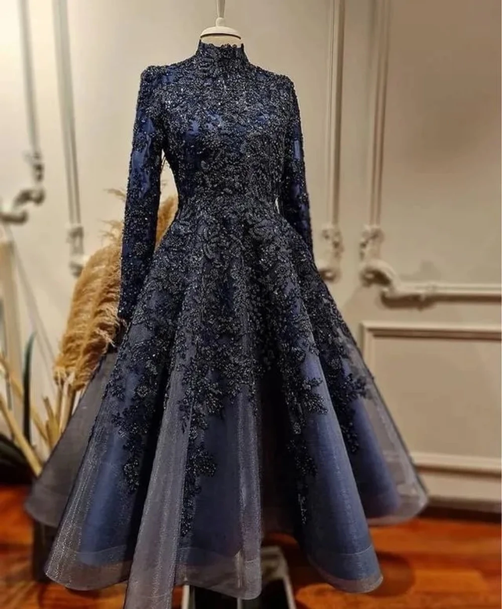 Robe de Rhmusulmane en dentelle perlée, grande taille, bleu marine, luxueuse, soirée formelle, deuxième réception, quelle que soit la robe, arabe, 2024