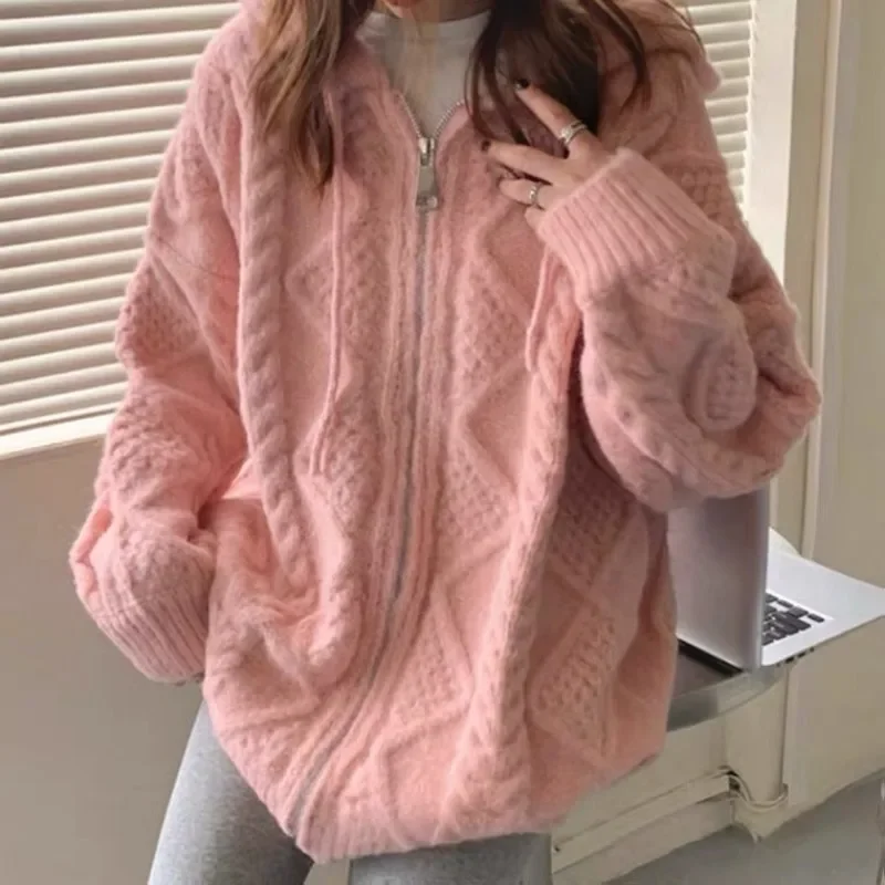 Korean Vintage Women Knitted Cardigan Autumn Winter Hooded Twist Sweater Woman Long Sleeve Zipper Crochet Outerwear Y2k