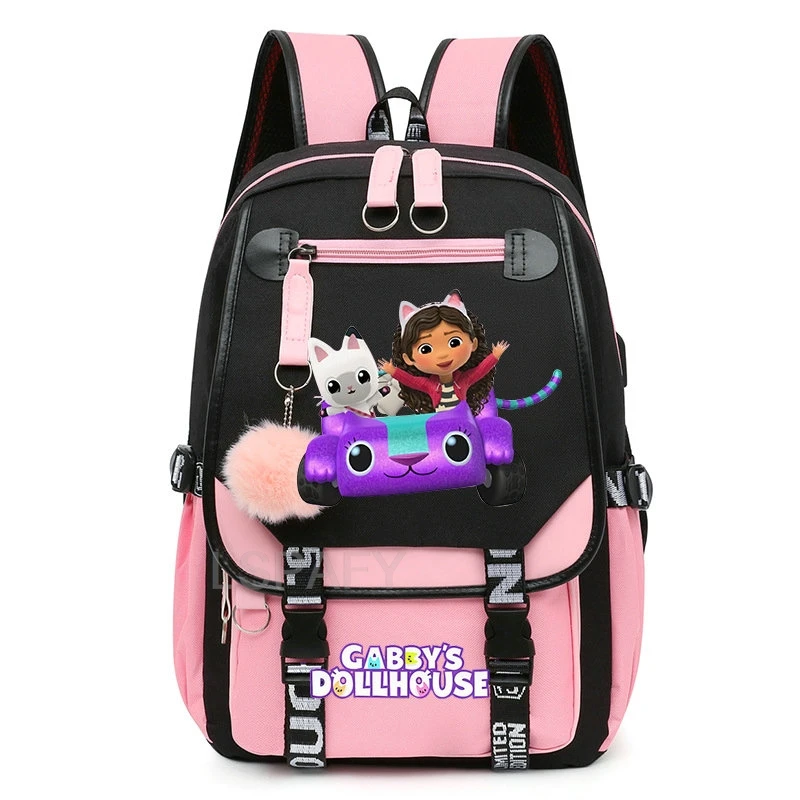 Fashion Gabby\'s Dollhouse Backpack Plush Ball Harajuku Gabby Dollhouse School Bags Women Lovely Girls Canvas Schoolbag Mochlia